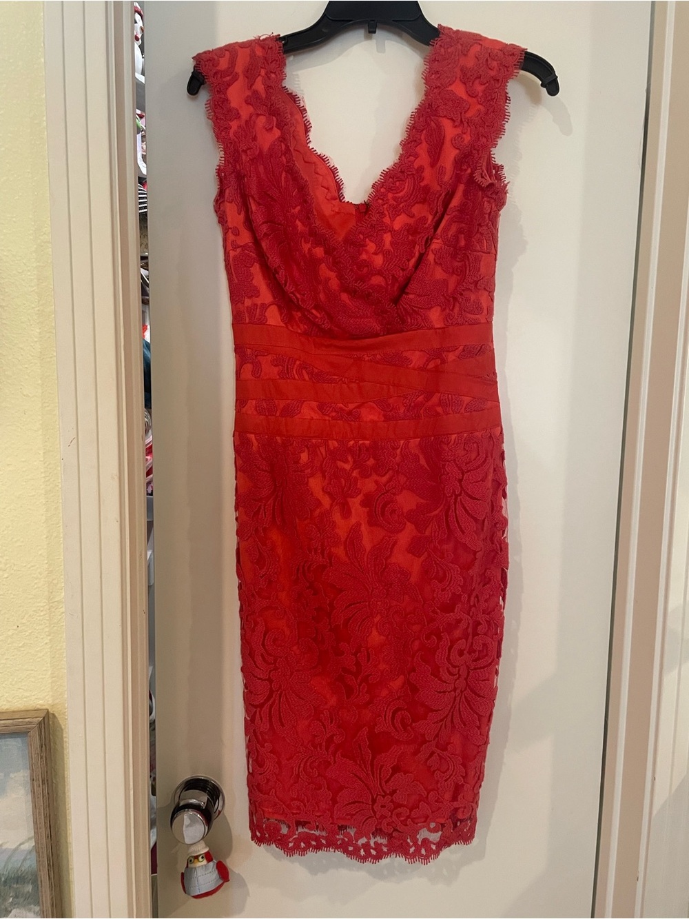 Tadashi Shoji Red Lace Midi Dress with V-Neck